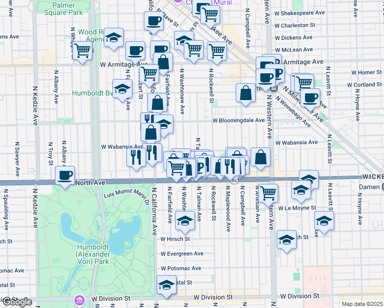 map of restaurants, bars, coffee shops, grocery stores, and more near 1639 North Washtenaw Avenue in Chicago