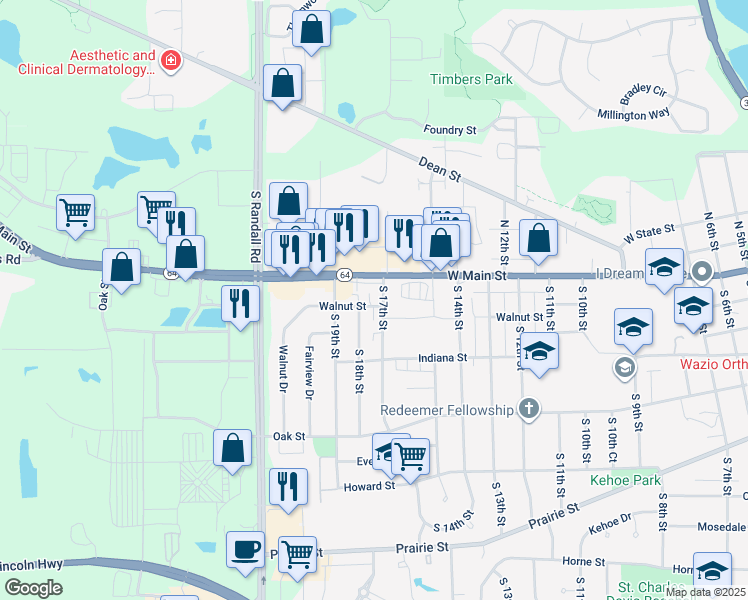 map of restaurants, bars, coffee shops, grocery stores, and more near 101 South 17th Street in St. Charles