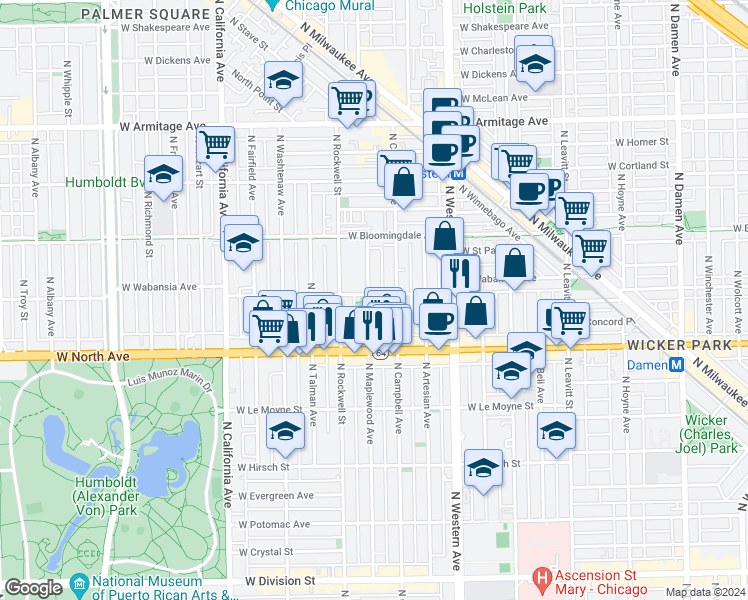 map of restaurants, bars, coffee shops, grocery stores, and more near 1655 North Maplewood Avenue in Chicago