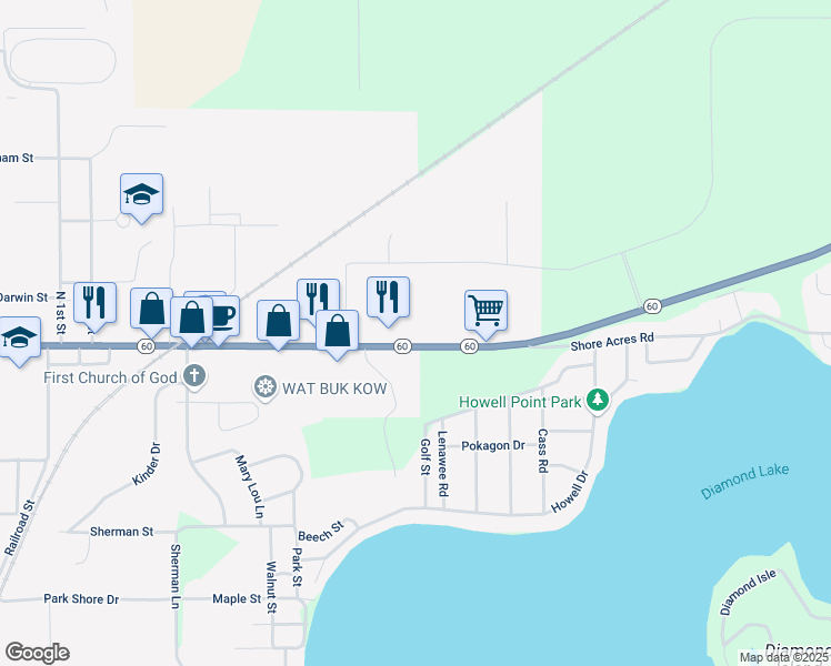 map of restaurants, bars, coffee shops, grocery stores, and more near 22041 Michigan 60 in Cassopolis