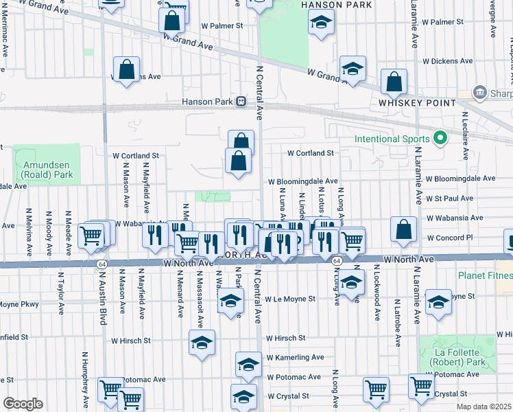 map of restaurants, bars, coffee shops, grocery stores, and more near 1720 North Central Avenue in Chicago