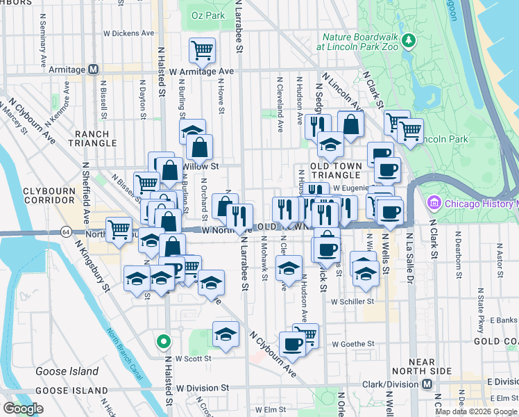 map of restaurants, bars, coffee shops, grocery stores, and more near 1615 North Mohawk Street in Chicago