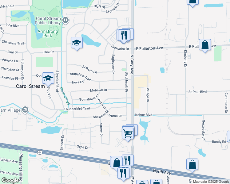 map of restaurants, bars, coffee shops, grocery stores, and more near 166 Mohawk Drive in Carol Stream