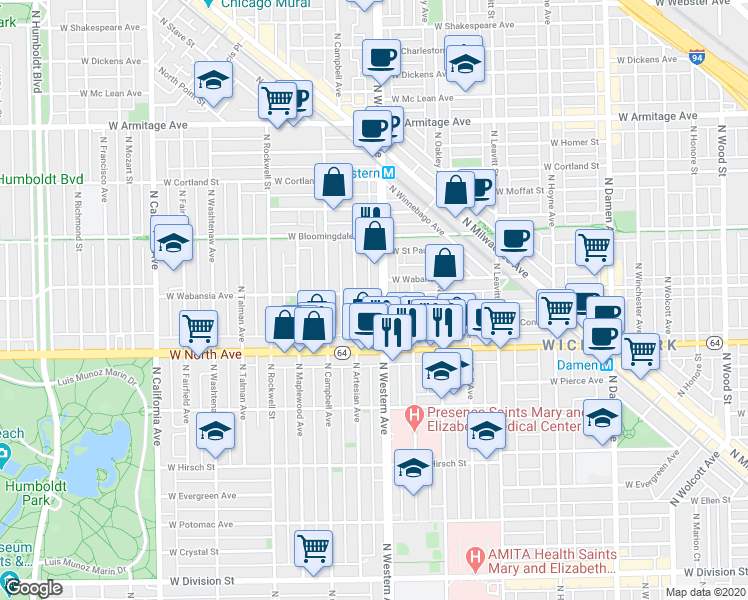 map of restaurants, bars, coffee shops, grocery stores, and more near 1654 North Western Avenue in Chicago