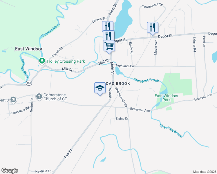map of restaurants, bars, coffee shops, grocery stores, and more near 7 Rye Street in East Windsor