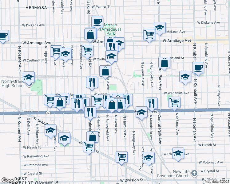 map of restaurants, bars, coffee shops, grocery stores, and more near 1650 North Avers Avenue in Chicago