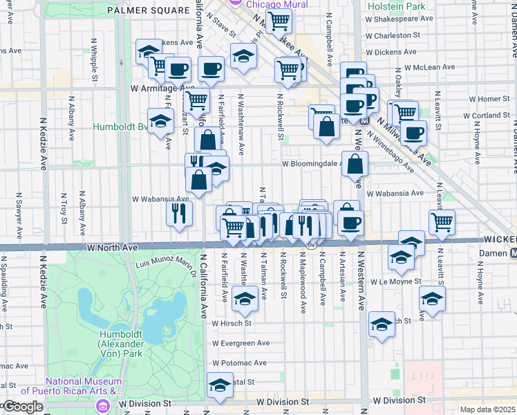 map of restaurants, bars, coffee shops, grocery stores, and more near 1656 North Talman Avenue in Chicago