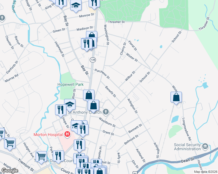 map of restaurants, bars, coffee shops, grocery stores, and more near 26 Benefit Street in Taunton
