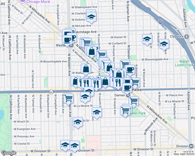 map of restaurants, bars, coffee shops, grocery stores, and more near 1638 North Leavitt Street in Chicago