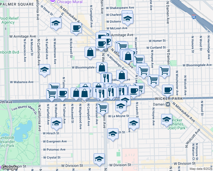 map of restaurants, bars, coffee shops, grocery stores, and more near 1635 North Western Avenue in Chicago