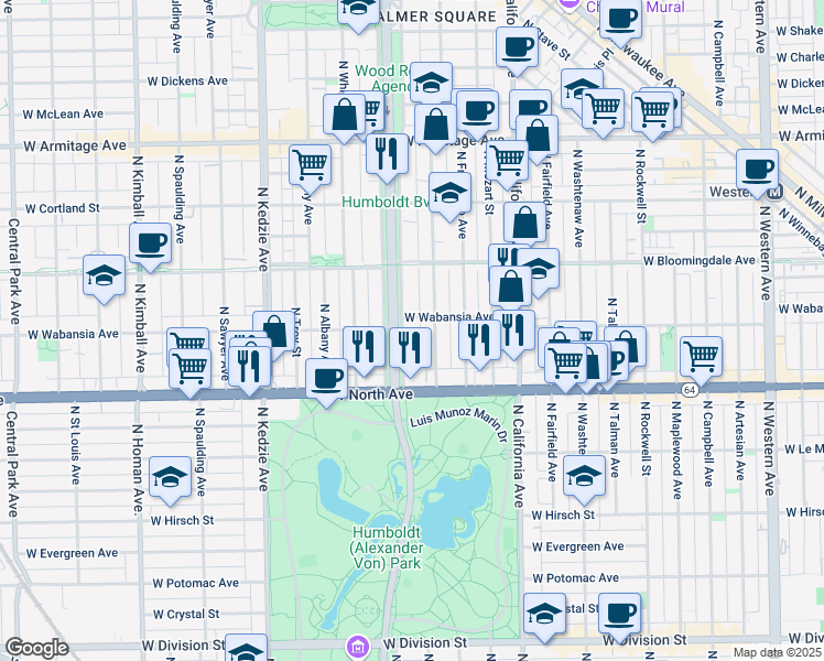map of restaurants, bars, coffee shops, grocery stores, and more near 1642 North Richmond Street in Chicago