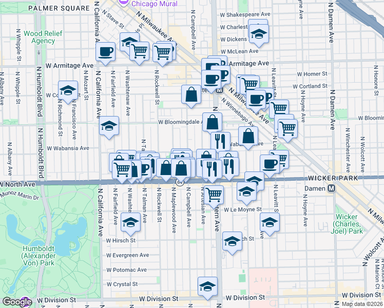 map of restaurants, bars, coffee shops, grocery stores, and more near 1638 North Campbell Avenue in Chicago