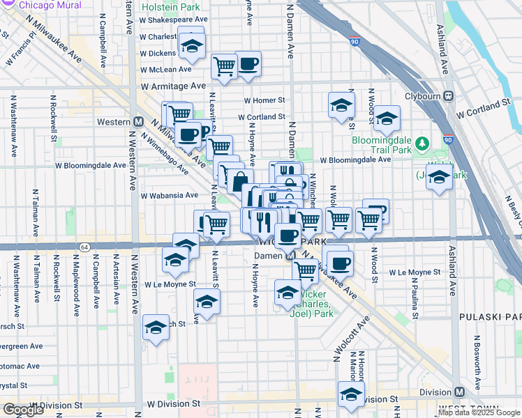 map of restaurants, bars, coffee shops, grocery stores, and more near in Chicago