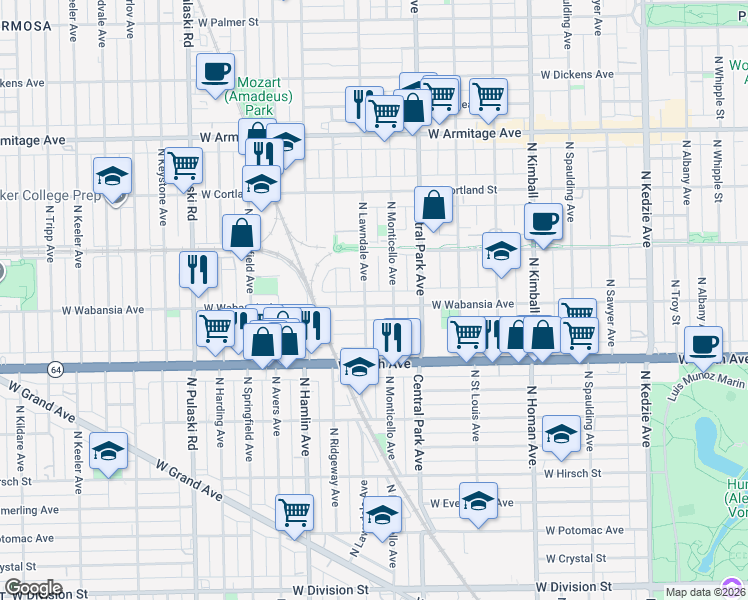 map of restaurants, bars, coffee shops, grocery stores, and more near 3652 West Wabansia Avenue in Chicago