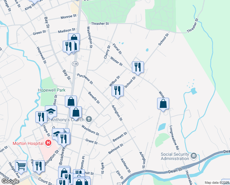 map of restaurants, bars, coffee shops, grocery stores, and more near 5 Purchase Street in Taunton