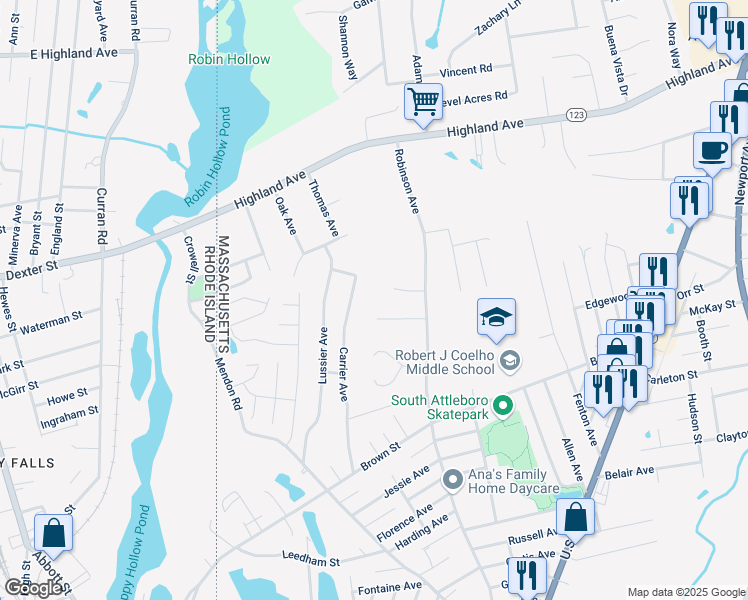 map of restaurants, bars, coffee shops, grocery stores, and more near 36 Redgate Road in Attleboro