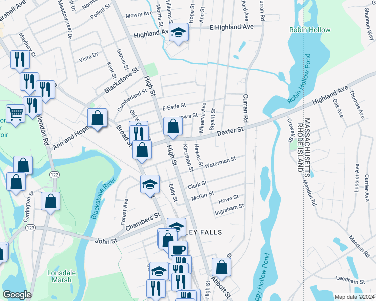 map of restaurants, bars, coffee shops, grocery stores, and more near 24 Kinsman Street in Cumberland