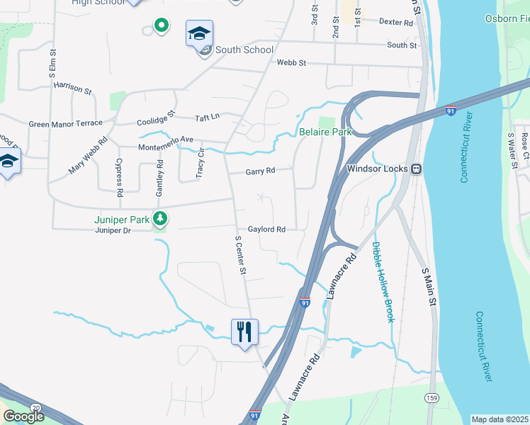 map of restaurants, bars, coffee shops, grocery stores, and more near 32 Gaylord Road in Windsor Locks