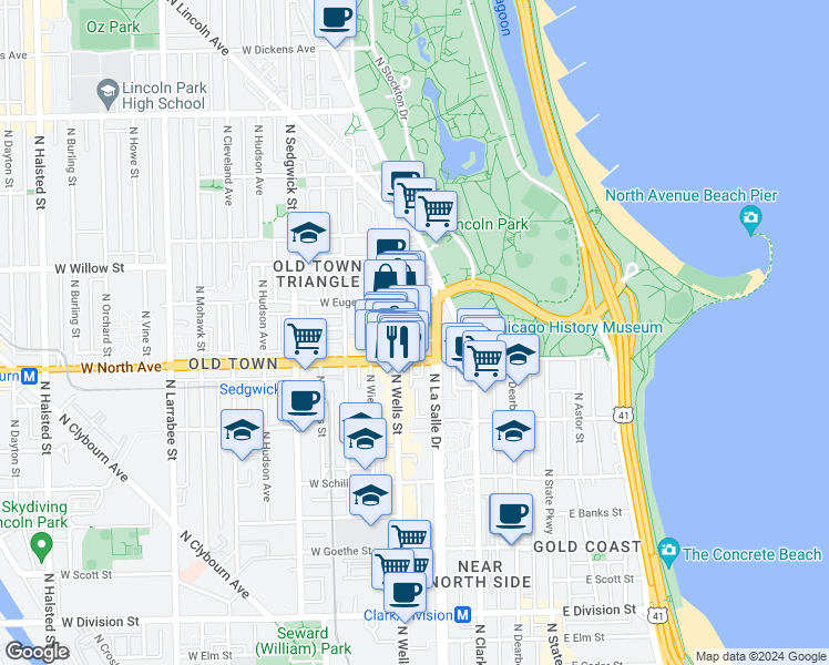 map of restaurants, bars, coffee shops, grocery stores, and more near in Chicago