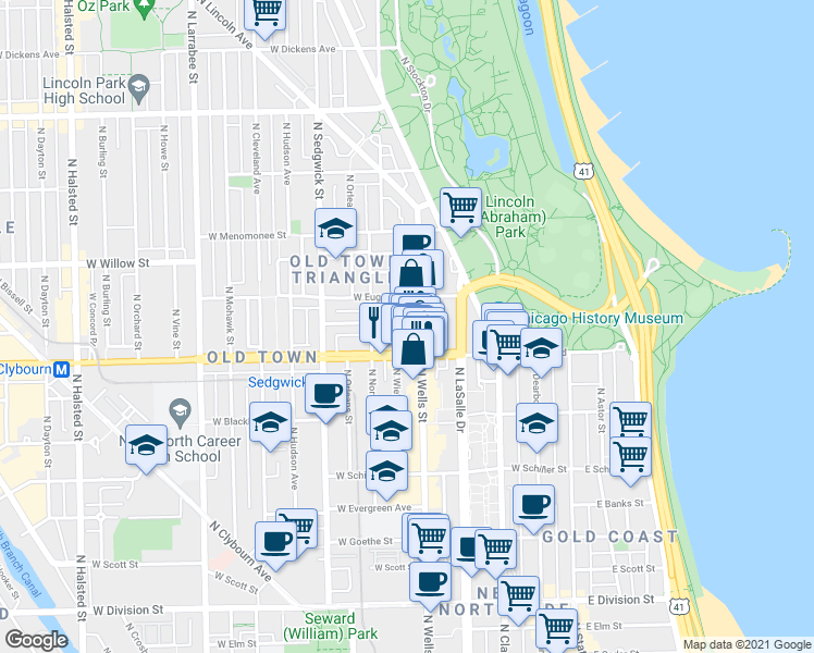 map of restaurants, bars, coffee shops, grocery stores, and more near 234 West North Avenue in Chicago