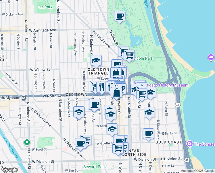 map of restaurants, bars, coffee shops, grocery stores, and more near 234 West North Avenue in Chicago