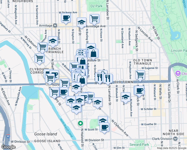 map of restaurants, bars, coffee shops, grocery stores, and more near 1615 North Burling Street in Chicago