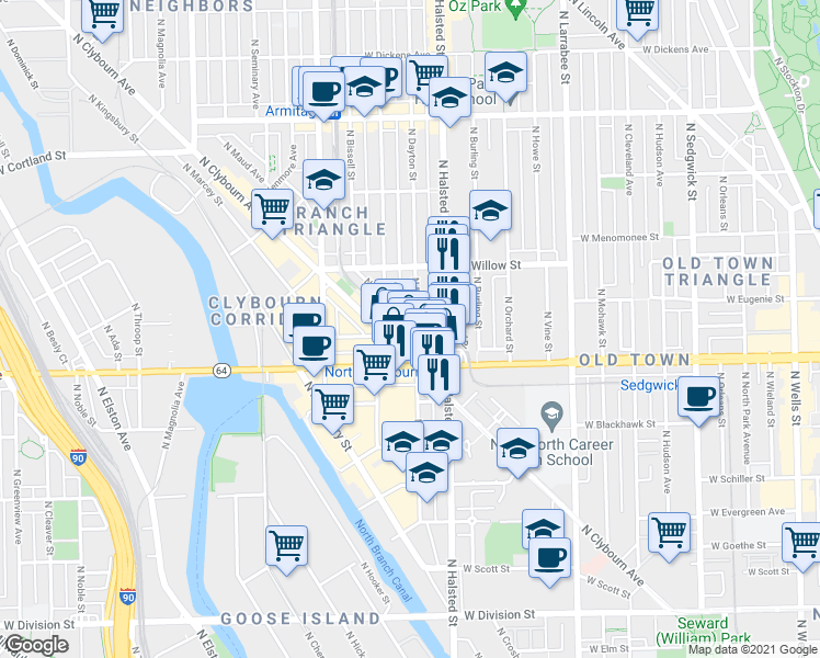 map of restaurants, bars, coffee shops, grocery stores, and more near 1611 North Clybourn Avenue in Chicago