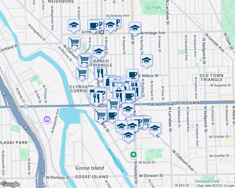 map of restaurants, bars, coffee shops, grocery stores, and more near 900 West North Avenue in Chicago