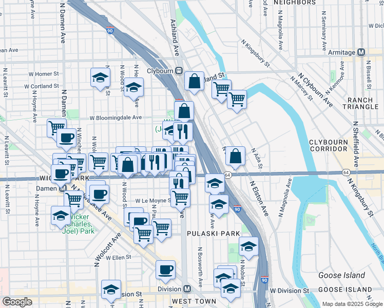 map of restaurants, bars, coffee shops, grocery stores, and more near 1629 North Ashland Avenue in Chicago