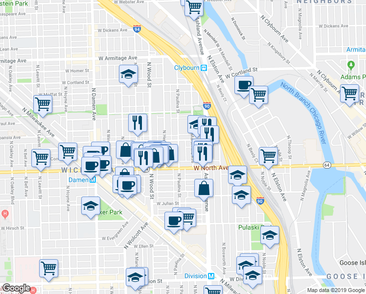map of restaurants, bars, coffee shops, grocery stores, and more near 1628 North Paulina Street in Chicago