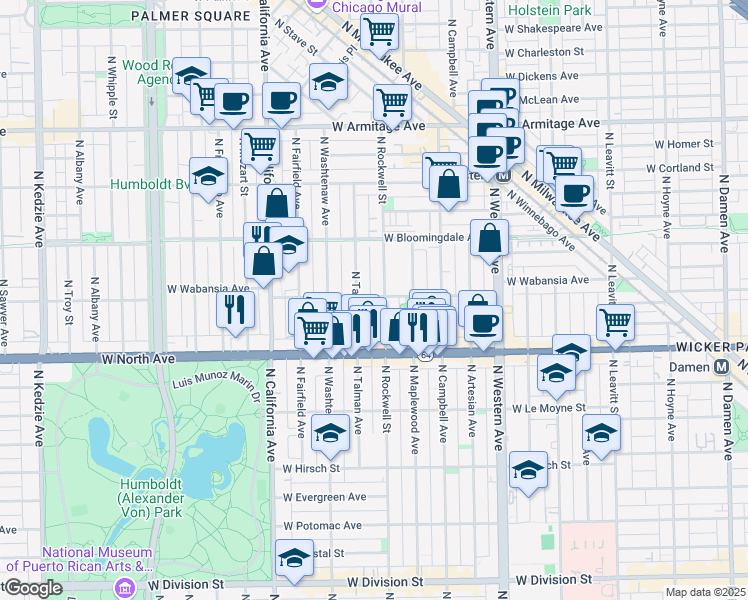 map of restaurants, bars, coffee shops, grocery stores, and more near 1639 North Talman Avenue in Chicago