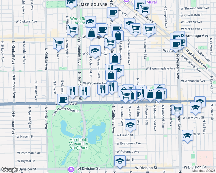 map of restaurants, bars, coffee shops, grocery stores, and more near 1638 North California Avenue in Chicago