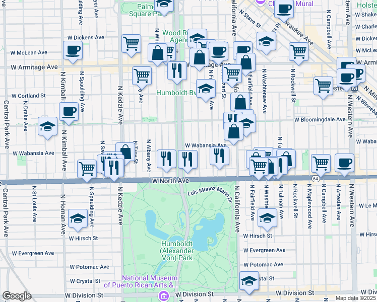 map of restaurants, bars, coffee shops, grocery stores, and more near 1642 North Richmond Street in Chicago