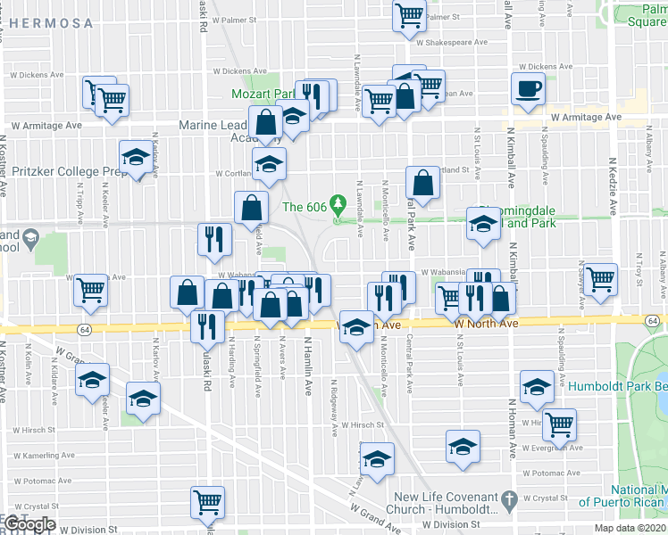 map of restaurants, bars, coffee shops, grocery stores, and more near 3721 West Wabansia Avenue in Chicago