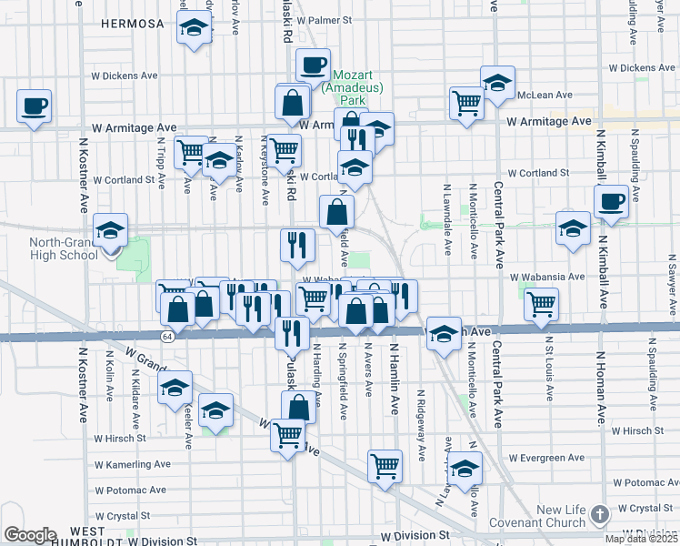 map of restaurants, bars, coffee shops, grocery stores, and more near in Chicago