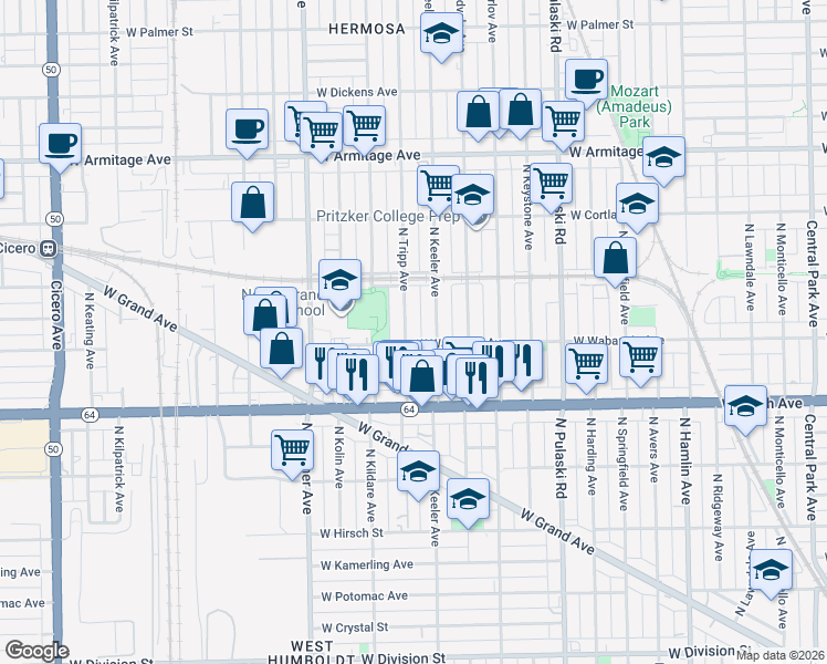 map of restaurants, bars, coffee shops, grocery stores, and more near 1653 North Tripp Avenue in Chicago