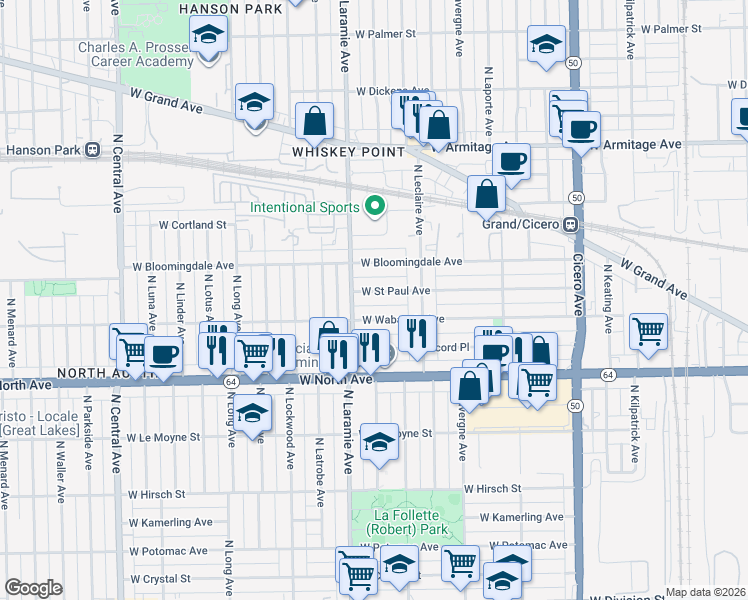 map of restaurants, bars, coffee shops, grocery stores, and more near 5146 West Wabansia Avenue in Chicago