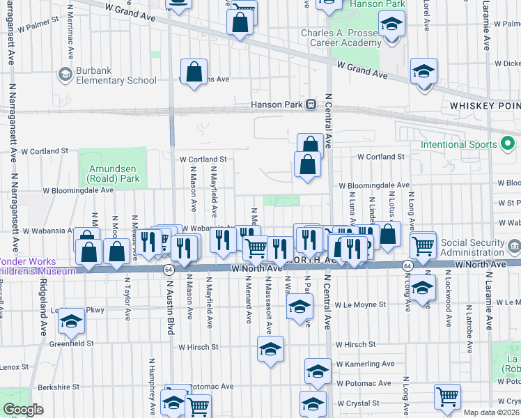 map of restaurants, bars, coffee shops, grocery stores, and more near 1706 North Mango Avenue in Chicago