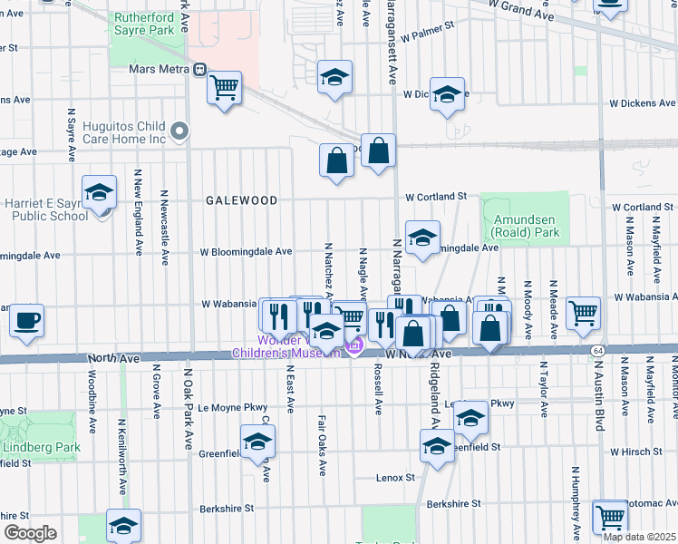 map of restaurants, bars, coffee shops, grocery stores, and more near 1720 North Nagle Avenue in Chicago
