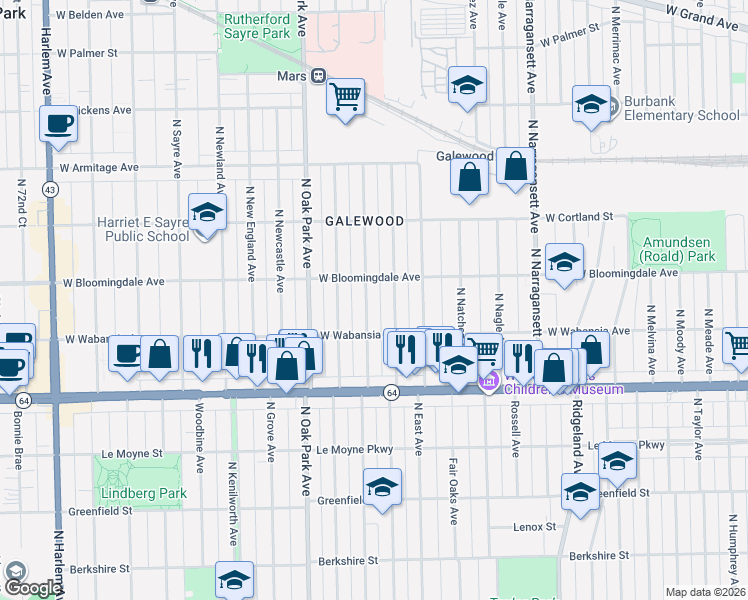 map of restaurants, bars, coffee shops, grocery stores, and more near 1717 North Normandy Avenue in Chicago