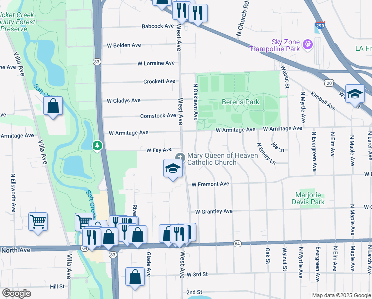 map of restaurants, bars, coffee shops, grocery stores, and more near 451 West Avenue in Elmhurst