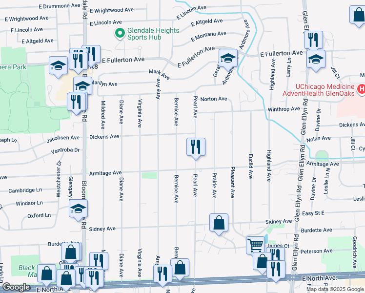 map of restaurants, bars, coffee shops, grocery stores, and more near 2N444 Pearl Avenue in Glendale Heights