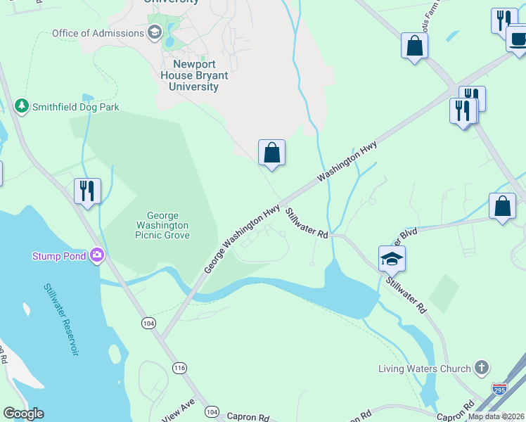 map of restaurants, bars, coffee shops, grocery stores, and more near 0 George Washington Highway in Smithfield