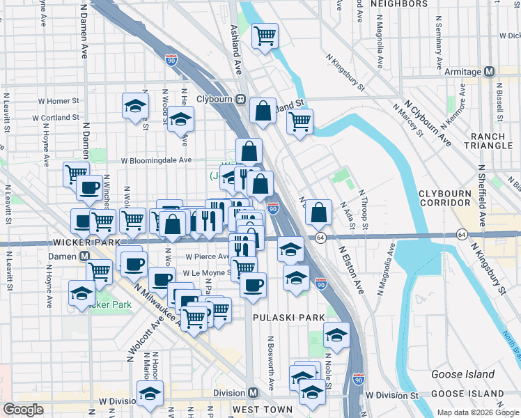 map of restaurants, bars, coffee shops, grocery stores, and more near 1646 North Bosworth Avenue in Chicago