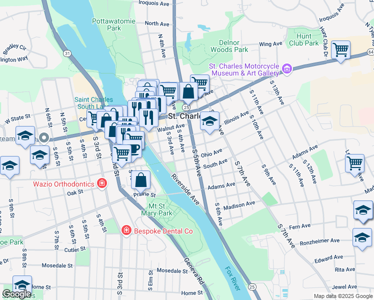 map of restaurants, bars, coffee shops, grocery stores, and more near 316 South 3rd Avenue in St. Charles