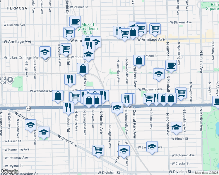 map of restaurants, bars, coffee shops, grocery stores, and more near 3721 West Wabansia Avenue in Chicago