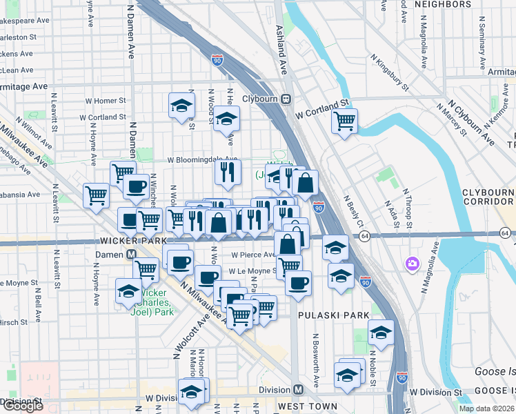 map of restaurants, bars, coffee shops, grocery stores, and more near 1628 North Paulina Street in Chicago