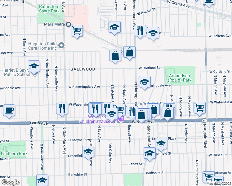 map of restaurants, bars, coffee shops, grocery stores, and more near 1720 North Nagle Avenue in Chicago