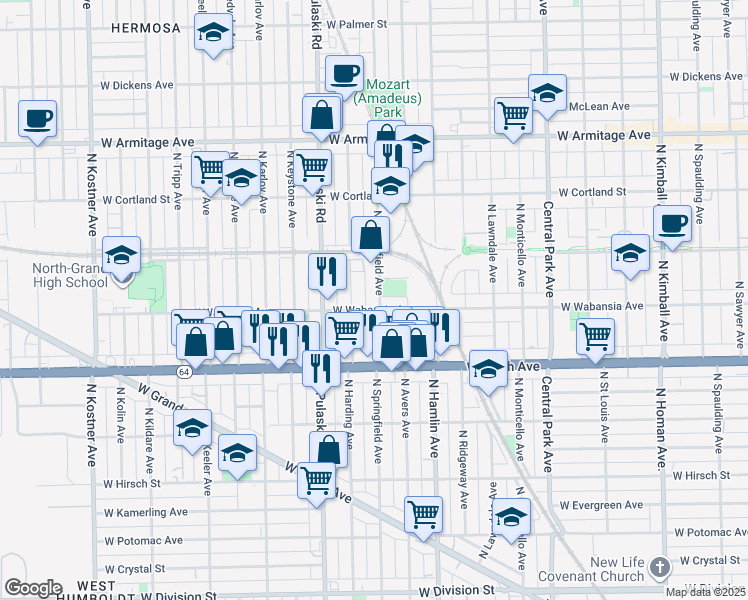 map of restaurants, bars, coffee shops, grocery stores, and more near 1651 North Harding Avenue in Chicago