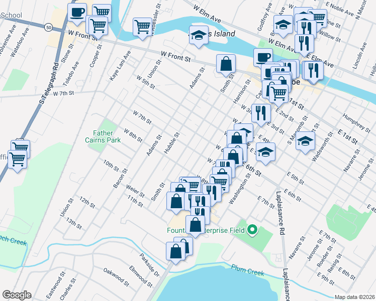 map of restaurants, bars, coffee shops, grocery stores, and more near 722 Harrison Street in Monroe